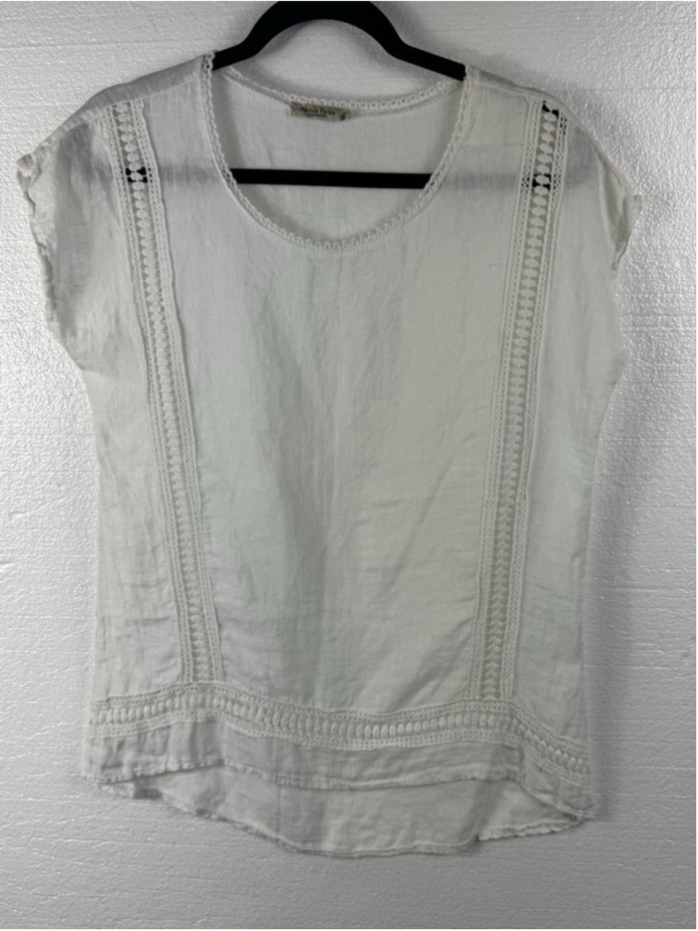 Alessia Pacini White 100% Linen Boho Lace detailing Short Sleeve Tee size Small